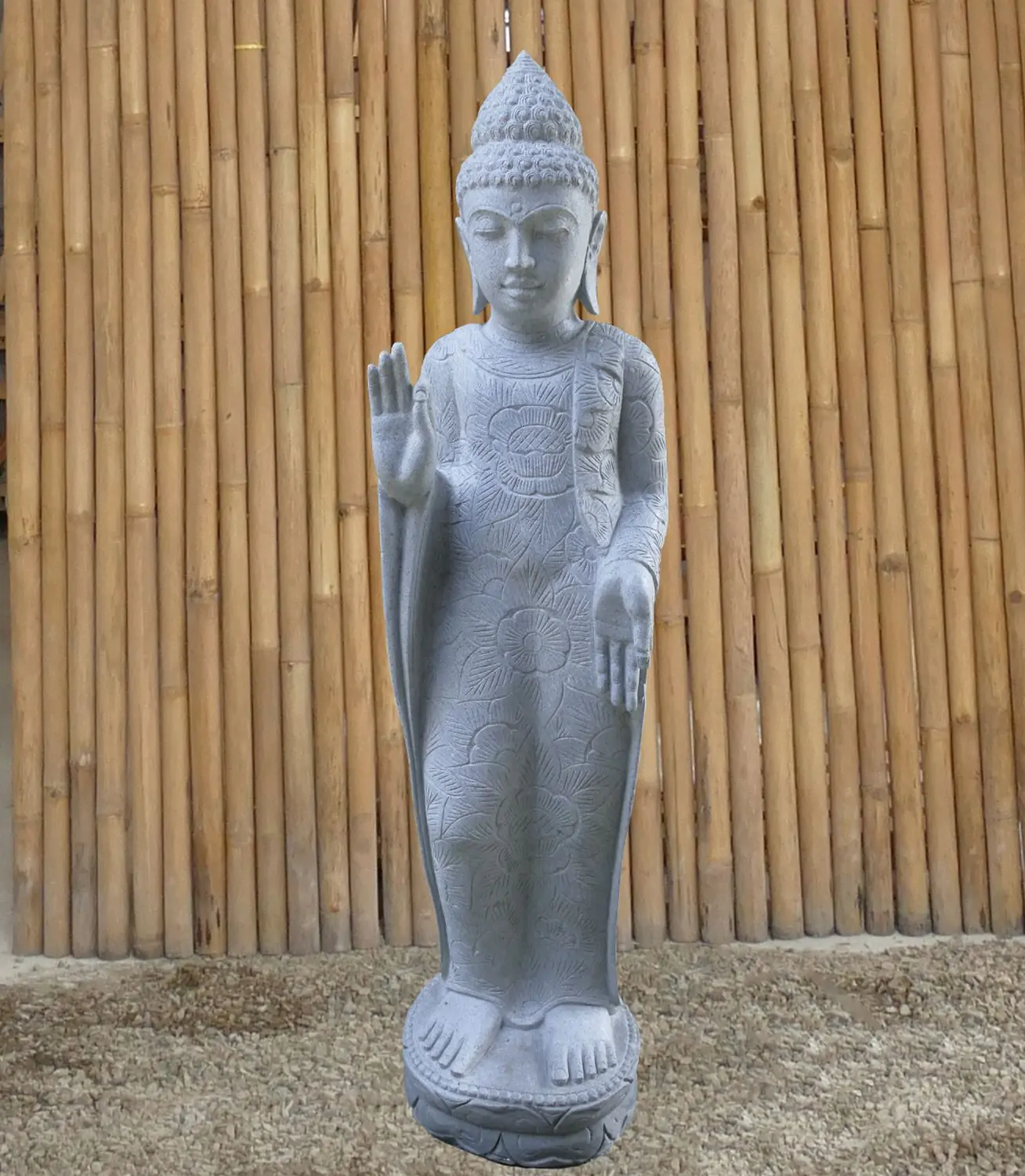  Product image 2 of the product “Standing Buddha with floral carving, Abudaya position. 38 x 30 x 150cm. Natural stone (river stone), stonemasonry ”